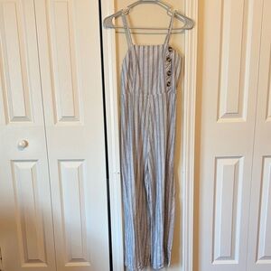 Striped Light Blue Women's Jumpsuit with Button Detail